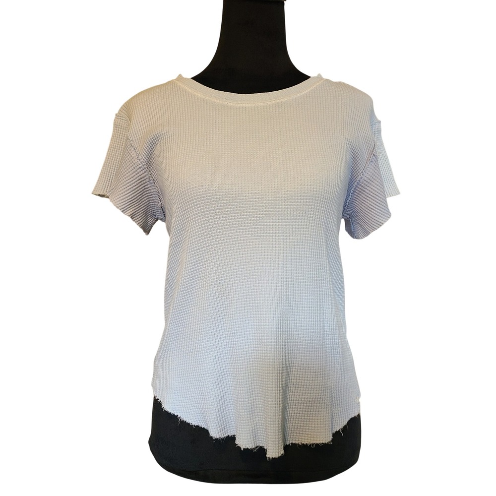 Free People We The Free Waffle Knit Top Women S Light Blue Short Sleeve Raw Hem